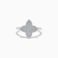 The Novelty 14K White Gold Diamond Clover Ring features a four-petal flower design adorned with diamonds, set in 14K white gold and shown on a plain white background.