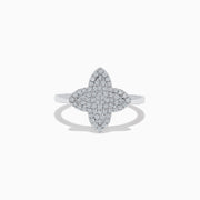 The Novelty 14K White Gold Diamond Clover Ring features a four-petal flower design adorned with diamonds, set in 14K white gold and shown on a plain white background.