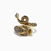 The Safari 14K Yellow Gold Brown Diamond Dragon Ring features intricate detailing with brown diamonds and clear gemstones along its body and head, shown against a white background.