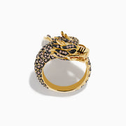 The Safari 14K Yellow Gold Brown Diamond Dragon Ring features intricate detailing with brown diamonds and clear gemstones along its body and head, shown against a white background.