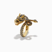 The Safari 14K Yellow Gold Brown Diamond Dragon Ring features intricate detailing with brown diamonds and clear gemstones along its body and head, shown against a white background.