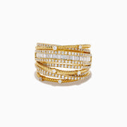 The 14K Yellow Gold Diamond Statement Crossover Ring features multiple overlapping bands with round and baguette diamonds, creating a striking, textured layered look against a white background.