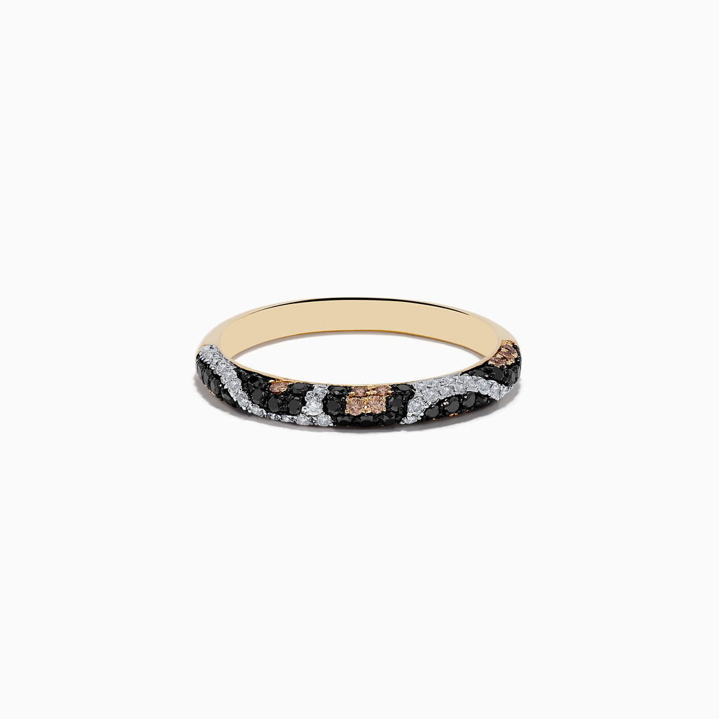 The Signature 14K Yellow Gold Black, Espresso, and White Diamond Ring features a wavy animal print band with sparkling diamonds and is shown against a plain white background.