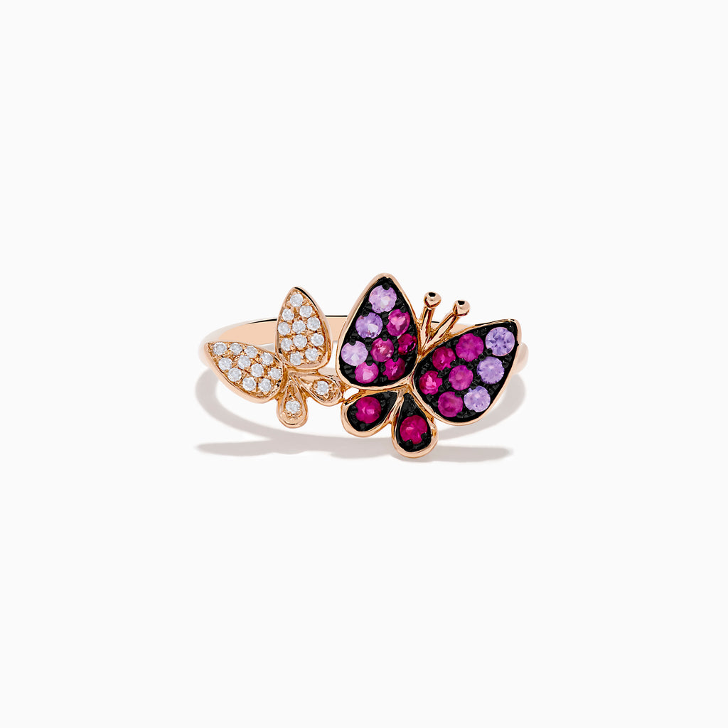 The Nature 14K Rose Gold Pink Sapphire and Diamond Butterfly Ring features two butterflies—one with sparkling diamonds, the other with vibrant pink sapphires—set against a white background.