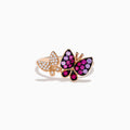 The Nature 14K Rose Gold Pink Sapphire and Diamond Butterfly Ring features two butterflies—one with sparkling diamonds, the other with vibrant pink sapphires—set against a white background.