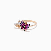The Nature 14K Rose Gold Pink Sapphire and Diamond Butterfly Ring features two butterflies—one with sparkling diamonds, the other with vibrant pink sapphires—set against a white background.