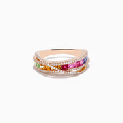 The Watercolors 14K Rose Gold Multi Color Sapphire and Diamond Band Ring features intertwined diamond-lined bands and a central row of green, orange, pink, red, and blue square-cut sapphires against a white background.