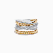 The Duo 14K Two-Tone Gold Diamond Crossover Ring features twisted gold bands and pavé-set diamonds in a stylish, layered design.