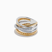The Duo 14K Two-Tone Gold Diamond Crossover Ring features twisted gold bands and pavé-set diamonds in a stylish, layered design.