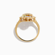 The Novelty 14K Yellow Gold Multi Color Sapphire and Diamond Hamsa Ring features a hand design with diamonds, blue gemstones, and square-cut sapphires in red, green, yellow, and purple on a white background.
