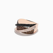 The 14K Rose Gold Black, Brown, and White Diamond Crossover Ring 1.15 TCW features intertwined bands of pavé diamonds in a modern design inspired by the Effy Espresso collection.