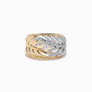 The Duo 14K Two-Tone Gold Diamond Leaf Ring showcases an openwork leaf design with sparkling white diamonds on the central motif, set against a plain white background.