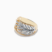 The Duo 14K Two-Tone Gold Diamond Leaf Ring showcases an openwork leaf design with sparkling white diamonds on the central motif, set against a plain white background.