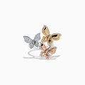 The Trio 14K White, Pink and Yellow Gold Diamond Butterfly Ring showcases three gold butterflies adorned with diamonds, set against a white background.