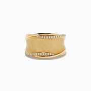 The DOro 14K Brushed Yellow Gold Diamond Accented Ring features a wide band with a brushed texture and two curved lines of sparkling diamonds along the top and bottom edges—a stunning piece from Effy.