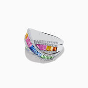 The Watercolors 14K White Gold Multi Sapphire and Diamond Crossover Ring features interwoven bands of pink, yellow, orange, blue, and green sapphires bordered by sparkling white diamonds on a white gold setting.
