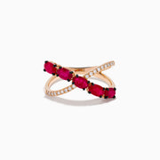 The 14K Rose Gold Diamond and Natural Ruby Criss Cross Ring features five oval red rubies on one band and small white diamonds on the other, set against a white background.