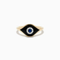 The Novelty 14K Yellow Gold Sapphire Agate and Diamond Evil Eye Ring features a striking eye design with black enamel, a circle of small diamonds, and a central sapphire agate, photographed on a white background.