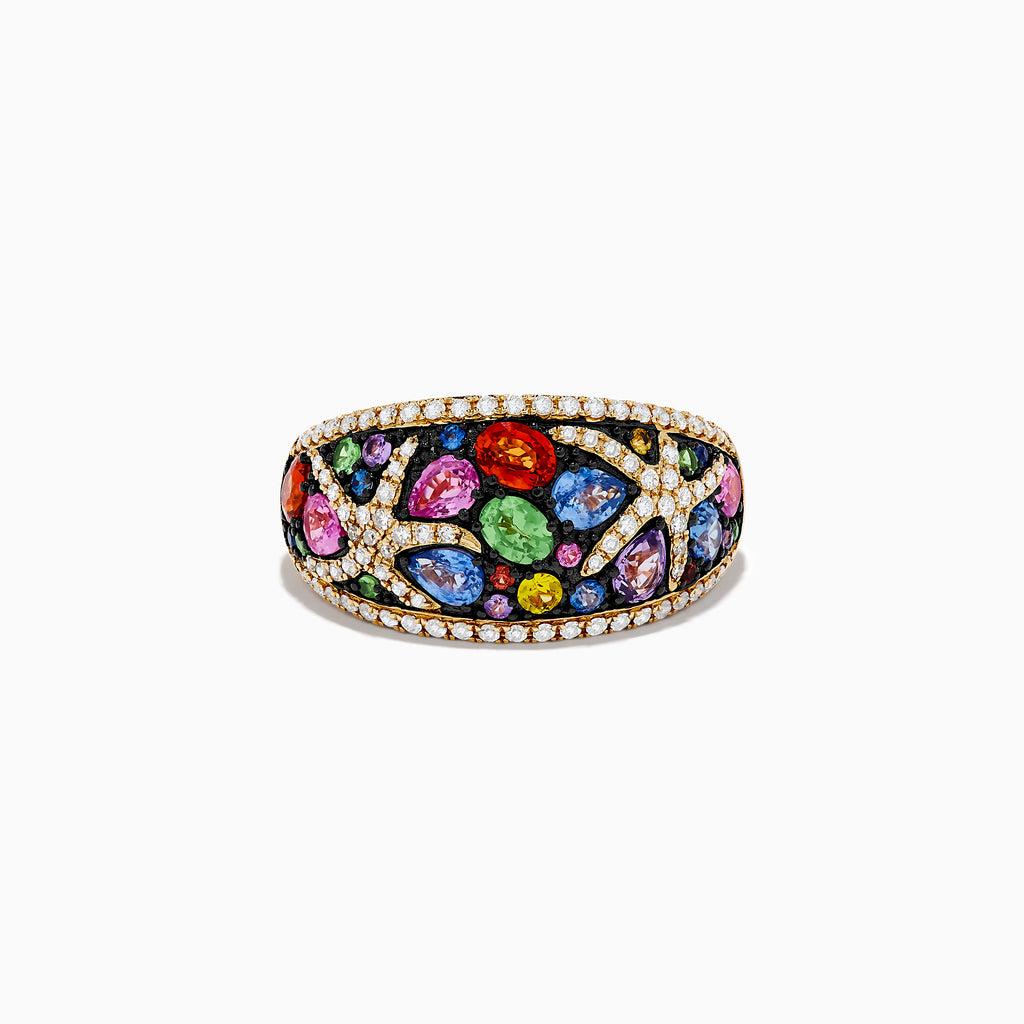 The Watercolors 14K Yellow Gold Multi Sapphire and Diamond Starfish Ring features vibrant sapphires in various shapes and sizes with sparkling diamond accents for a stunning look.