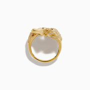 The 14K Yellow Gold White and Black Diamond Horse Ring features a horse’s head and mane design, encrusted with sparkling white and black diamonds, shown against a plain white background.