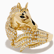 The 14K Yellow Gold White and Black Diamond Horse Ring features a horse’s head and mane design, encrusted with sparkling white and black diamonds, shown against a plain white background.