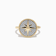 The Novelty 14 Karat Yellow Gold Diamond Compass Ring features a round face with a starburst design, pavé-set diamonds, and a twisted gold rope border. A matching twisted band enhances its elegant style.