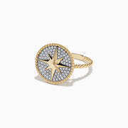 The Novelty 14 Karat Yellow Gold Diamond Compass Ring features a round face with a starburst design, pavé-set diamonds, and a twisted gold rope border. A matching twisted band enhances its elegant style.