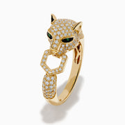 The Signature Brasilica 14K Yellow Gold Emerald and Diamond Ring features a panther head design with detailed sculpting, small diamonds, and an open mouth.