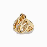 The DOro 14k Yellow Gold Interlocking Diamond Statement Ring features wavy interwoven bands encrusted with rows of sparkling diamonds set against a white background.