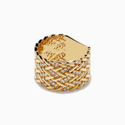 The DOro 14K Yellow Gold Diamond Basket Weave Ring features an intricate woven design with sparkling diamonds throughout, showcased on a white background.