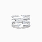 The Pave Classica 14k White Gold Open Shank Diamond Ring showcases sparkling pear and oval-shaped diamonds set across open bands, each lined with pavé diamonds. The ring is shown against a white background.