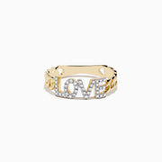 The DOro 14K Yellow Gold Diamond LOVE Chain Link Ring features the word LOVE in sparkling diamonds and a unique chain link band.