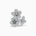 The Nature 14K White Gold Diamond Flowers and Butterfly Ring features four overlapping diamond flowers with sparkling diamonds, all set in 14K white gold and shown on a plain white background.