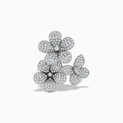 The Nature 14K White Gold Diamond Flowers and Butterfly Ring features four overlapping diamond flowers with sparkling diamonds, all set in 14K white gold and shown on a plain white background.