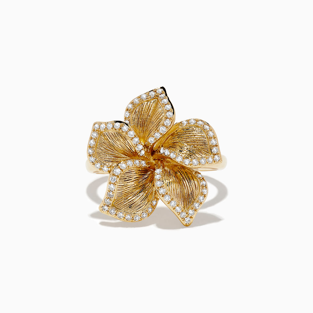 The Nature 14K Yellow Gold Diamond Flower Ring 0.31 TCW features five textured petals outlined with sparkling white stones, displayed against a plain white background.