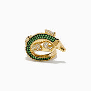 The Safari 14K Yellow Gold Tsavorite and Diamond Alligator Ring features detailed scales, white gemstone accents, and a lifelike crocodile design that curves around your finger for striking style.