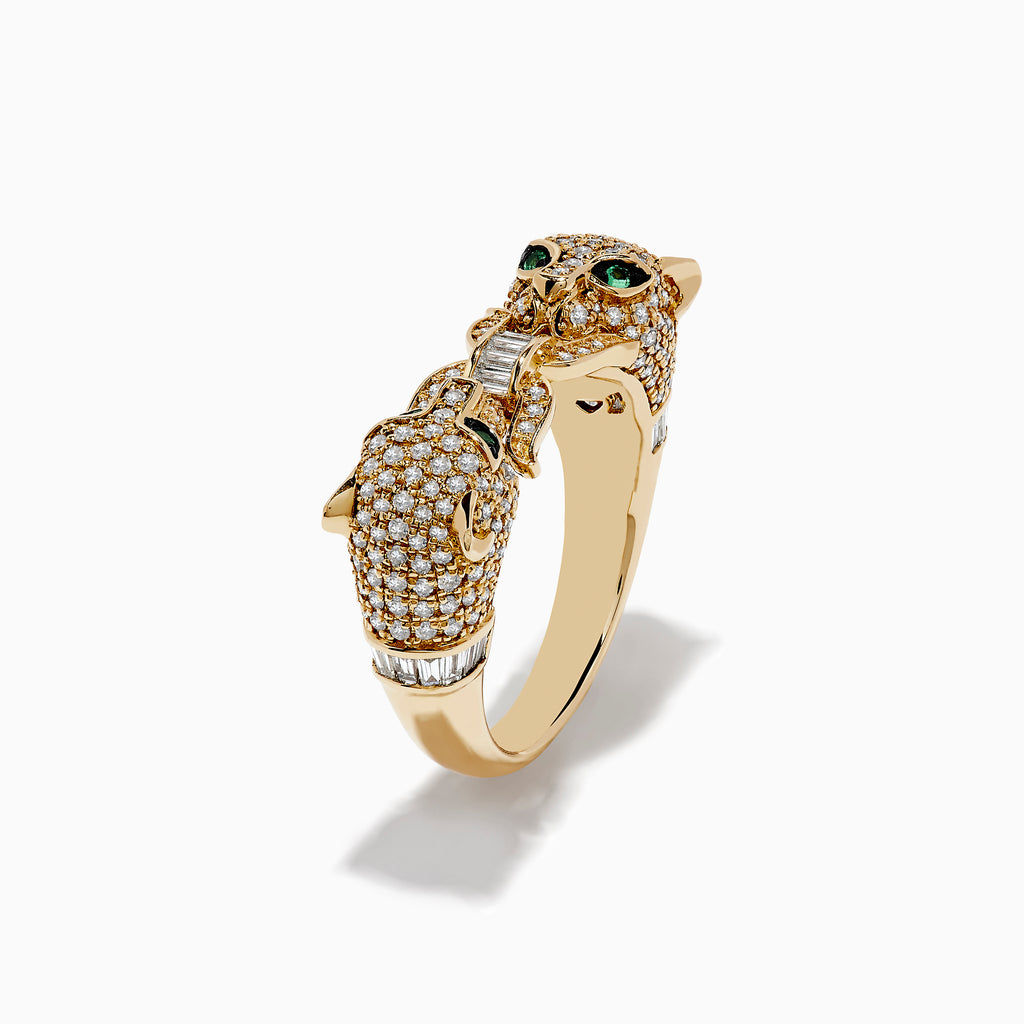 A Signature 14K Yellow Gold Diamond and Emerald Panther Ring is displayed on a white background, featuring diamond accents and striking emerald eyes.