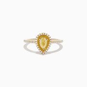 The Canare 14K Yellow Gold White and Yellow Diamond Ring features a pear-shaped yellow diamond with a white diamond halo and diamond-accented band, shown on a white background.