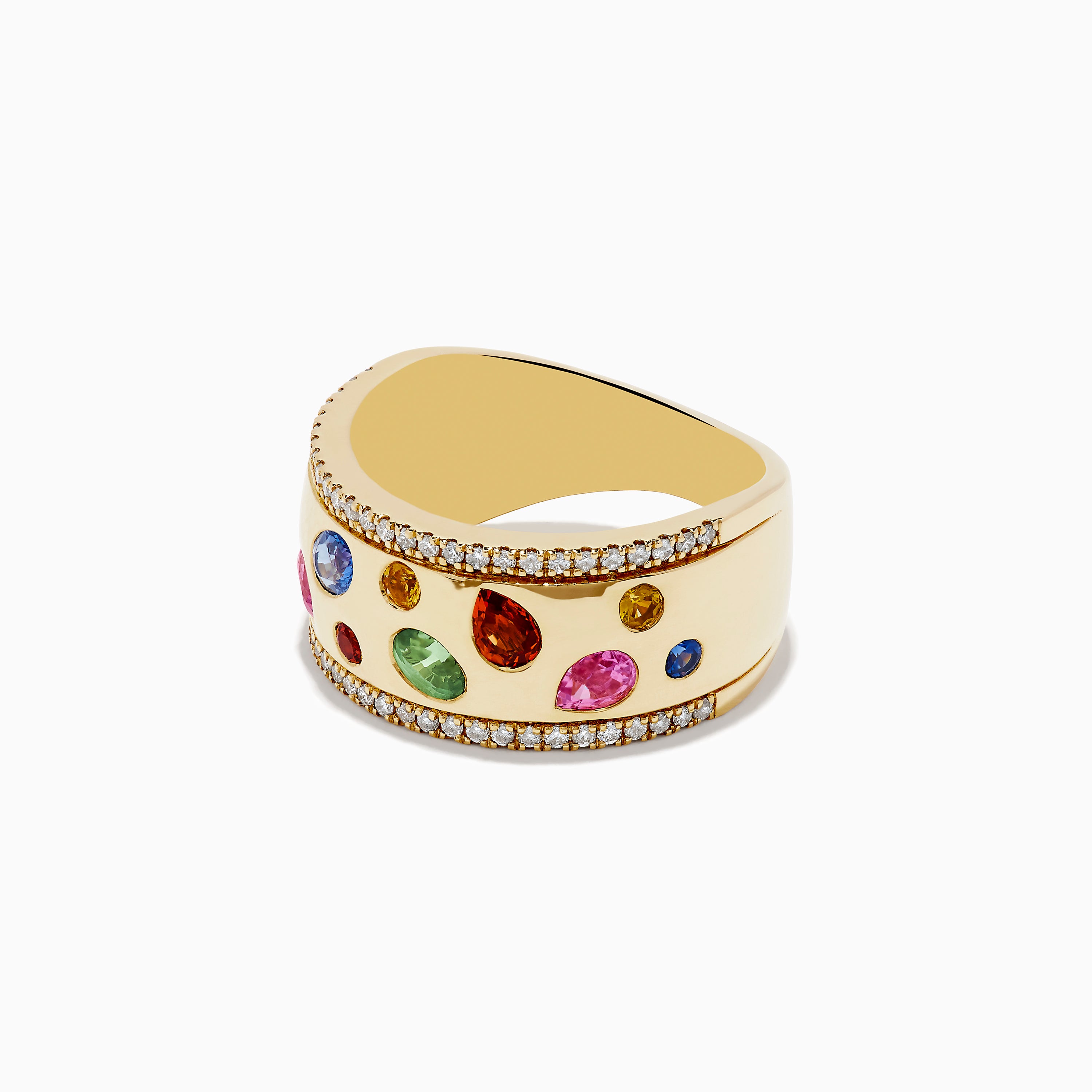 The Watercolor 14k Yellow Gold Bezel Set Multi Sapphire Ring features multicolored sapphires in various shapes and sizes, bordered by rows of white diamonds, reflecting Effys signature Watercolor style on a plain white background.