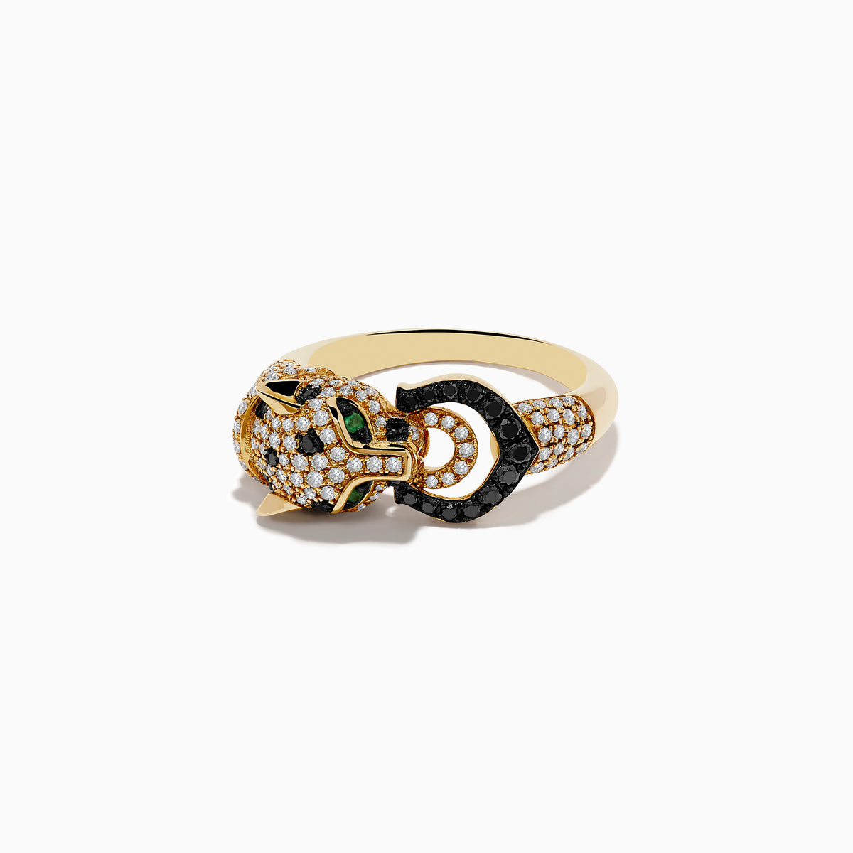 The Signature 14K Yellow Black and White Diamond and Emerald Panther Ring features a panther’s head with green emerald eyes, diamond spots, and a black jeweled ring in its mouth.