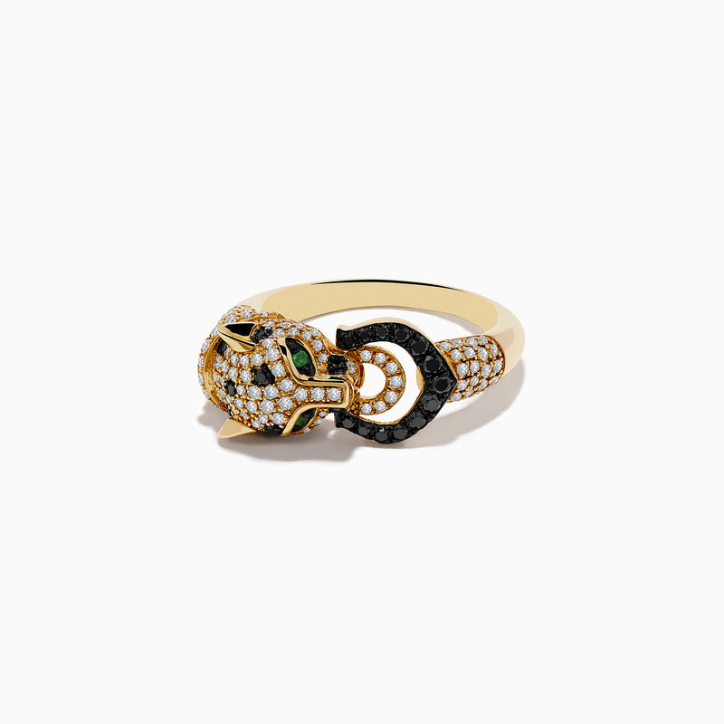 The Signature 14K Yellow Black and White Diamond and Emerald Panther Ring features a panther’s head with green emerald eyes, diamond spots, and a black jeweled ring in its mouth.