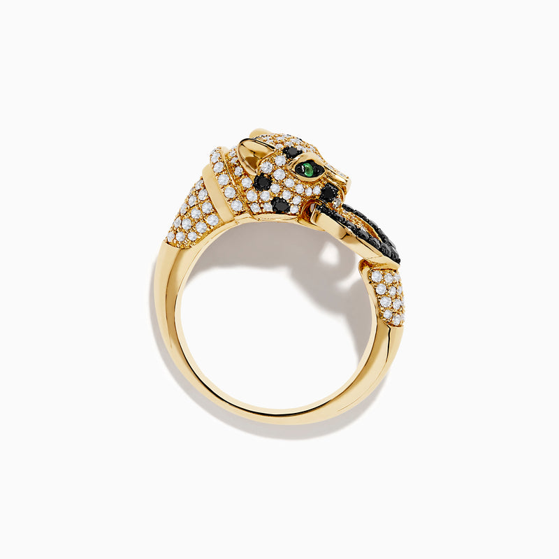 The Signature 14K Yellow Black and White Diamond and Emerald Panther Ring features a panther’s head with green emerald eyes, diamond spots, and a black jeweled ring in its mouth.