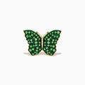 The Nature 14K Yellow Gold Tsavorite and Diamond Butterfly Ring features vibrant green tsavorite gemstones and sparkling white diamonds, styled in a butterfly design, shown on a white background.
