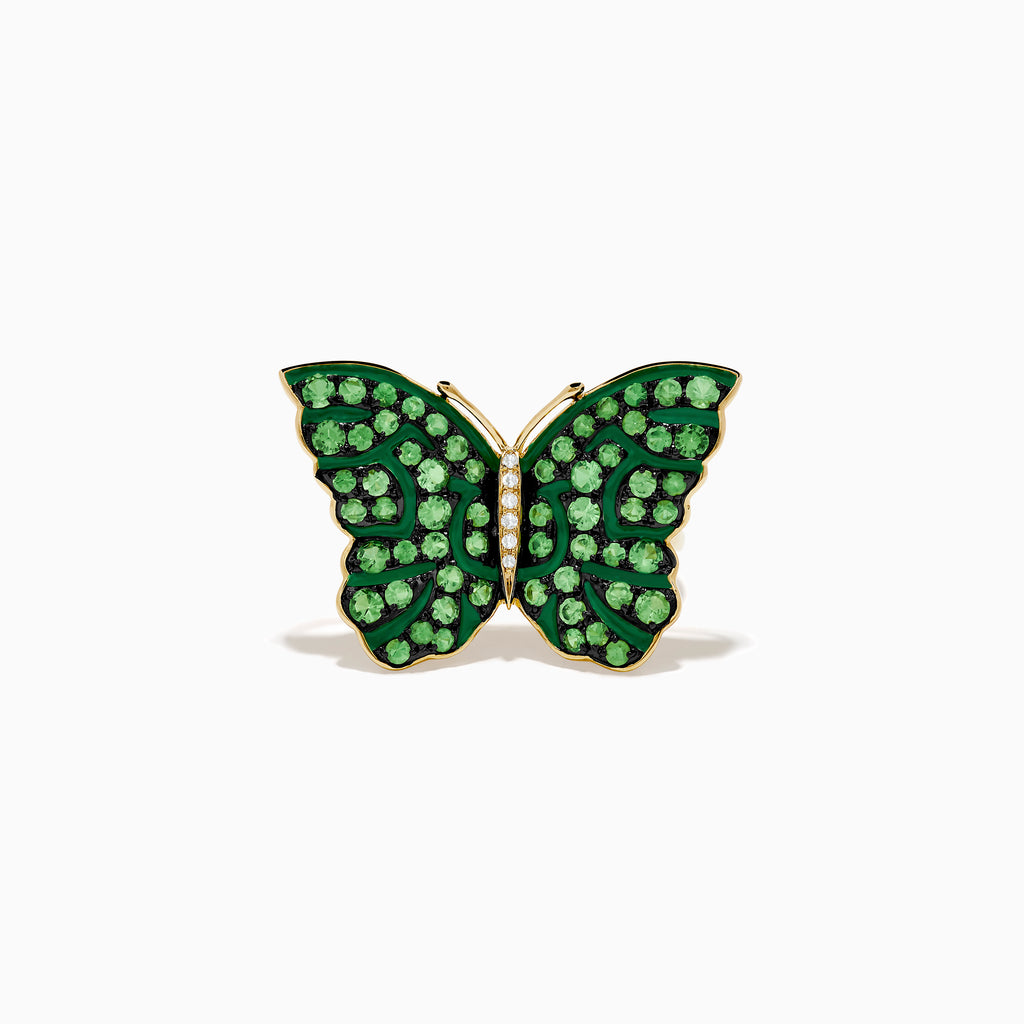 The Nature 14K Yellow Gold Tsavorite and Diamond Butterfly Ring features vibrant green tsavorite gemstones and sparkling white diamonds, styled in a butterfly design, shown on a white background.