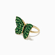 The Nature 14K Yellow Gold Tsavorite and Diamond Butterfly Ring features vibrant green tsavorite gemstones and sparkling white diamonds, styled in a butterfly design, shown on a white background.
