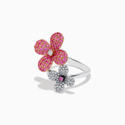The Nature 14k Two Tone Gold Pink Sapphire and Diamond Flower Ring features two blooms—one with pink sapphires and a diamond center, the other with diamonds and a pink sapphire center—shown on a white background.