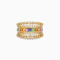 The Watercolor 14K Yellow Gold Diamond and Multi Sapphire Ring showcases a central row of colorful square sapphires, flanked by rectangular diamonds, all set in a detailed, fan-like design.