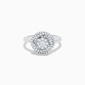 The Bouquet 14K White Gold Diamond Spiral Ring features a round diamond cluster encircled by two halos of sparkling diamonds on a polished band—ideal for lovers of the Diamond Spiral Ring style.