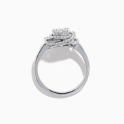 The Bouquet 14K White Gold Diamond Spiral Ring features a round diamond cluster encircled by two halos of sparkling diamonds on a polished band—ideal for lovers of the Diamond Spiral Ring style.