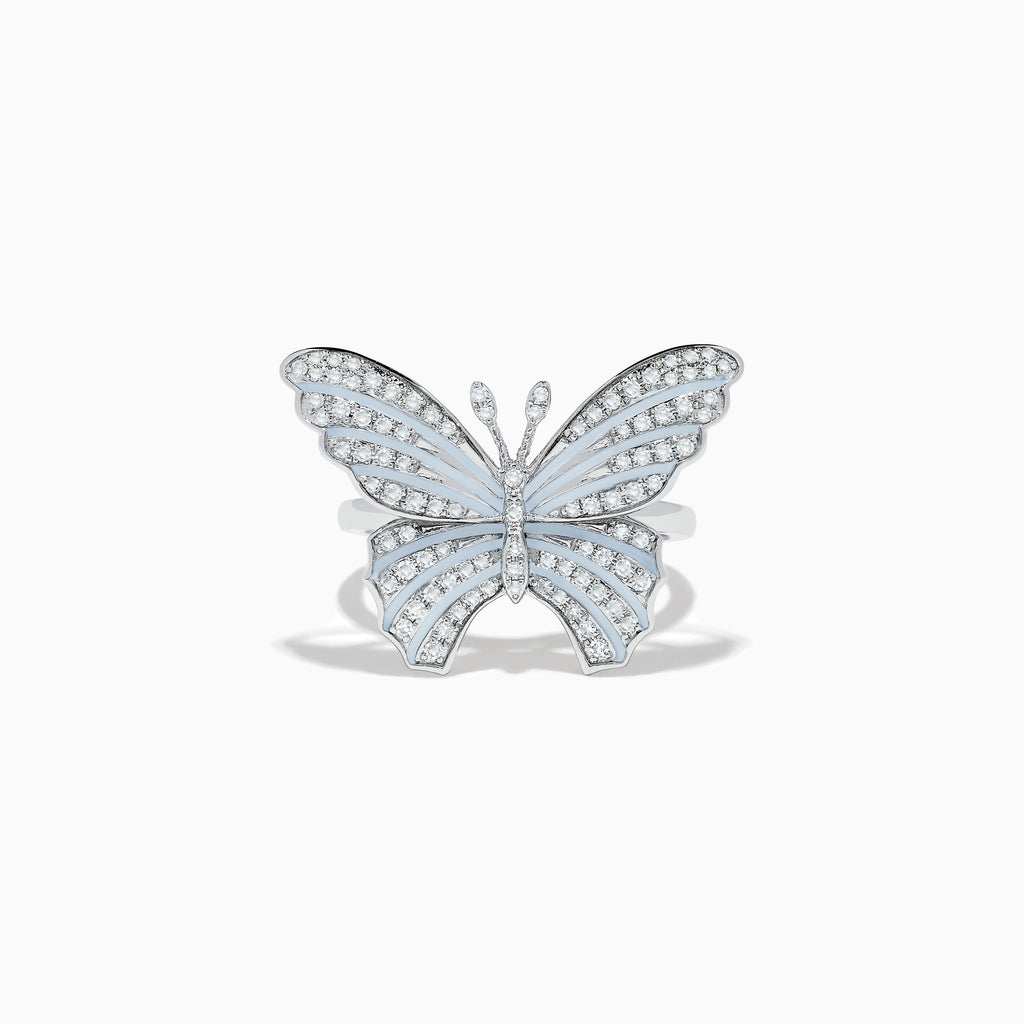 The Nature 14K White Gold Diamond with White Enamel Butterfly Ring features sparkling diamonds and delicate white enamel, elegantly crafted and showcased against a plain white background.
